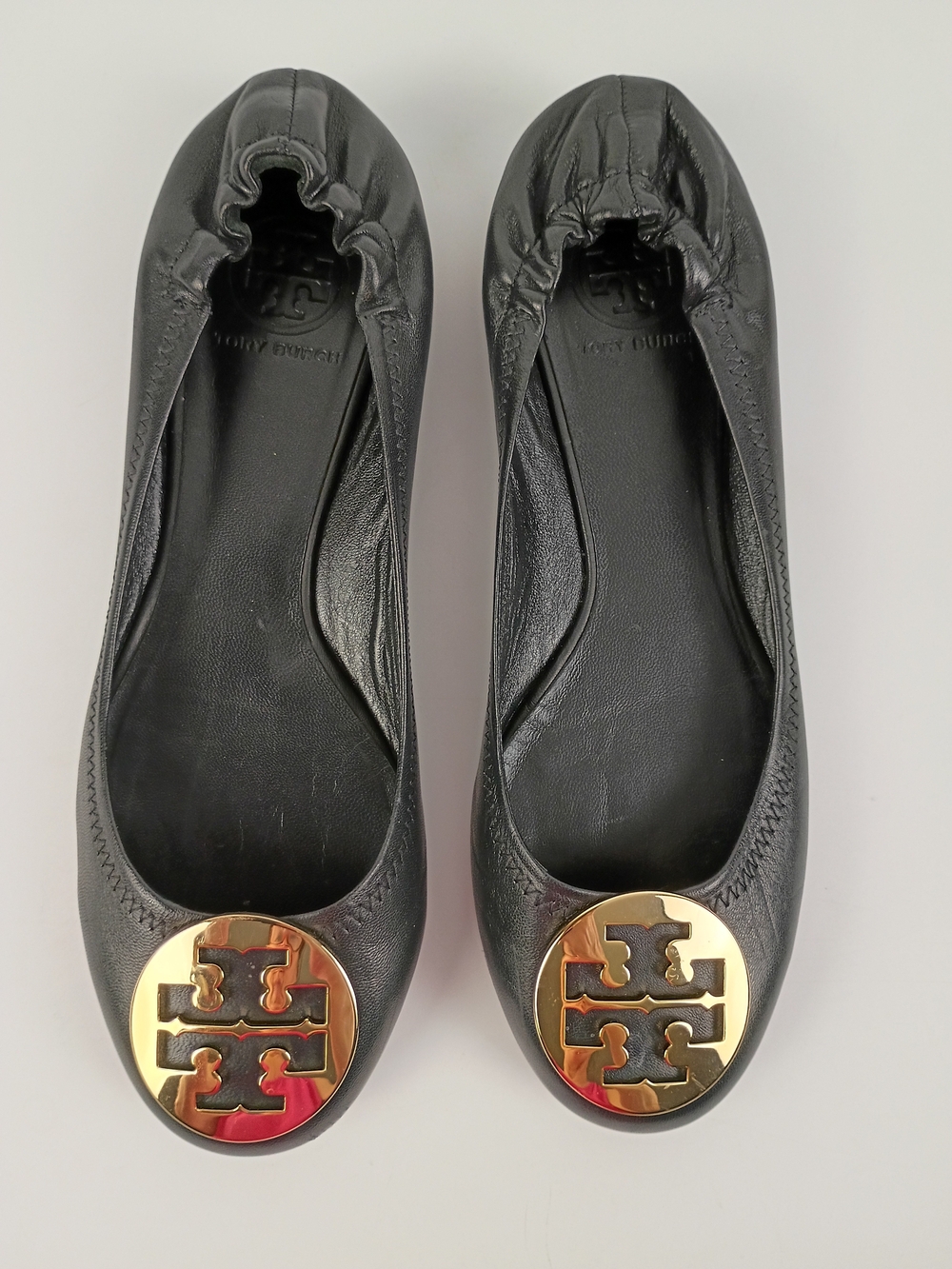 Tory Burch Black Leather Logo Ballet Flats with Gold Emblem